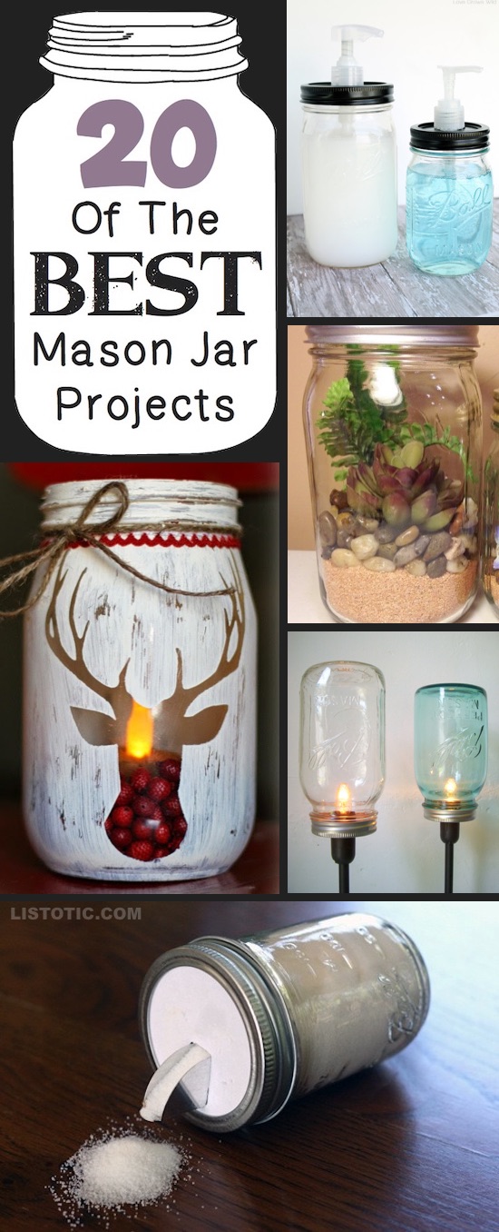 The 20 BEST easy mason jar crafts and ideas! DIY mason jar crafts and ideas for Christmas, holidays, gifts, home decor and more! Kids, adults and teens love these homemade projects! Listotic.com