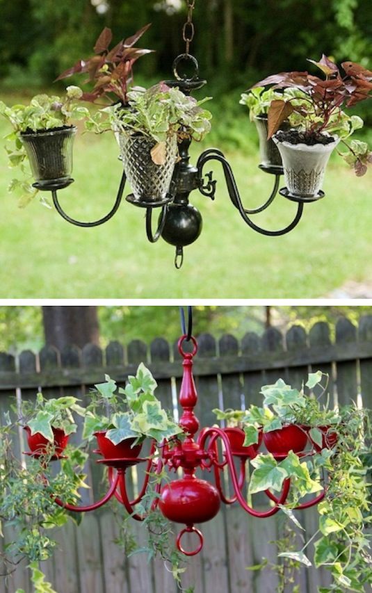 Vasos de lustre  Que ótima ideia para um pátio ou pendurado em uma árvore! Use plantas em cascata  para o melhor resultado.